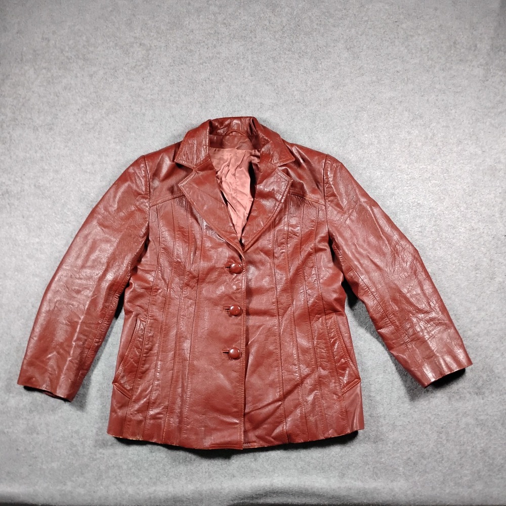 Vintage‎ Rust Red Brown Leather Blazer Jacket S Button Notched Lapel Boho 70s